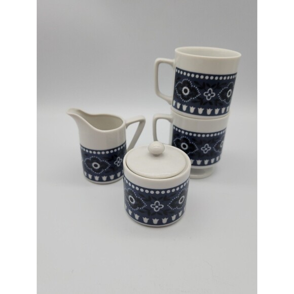 Vintage Coffee Or Tea Set Navy Paisley 2 Cups, Cream & Sugar Porcelain - Picture 11 of 12